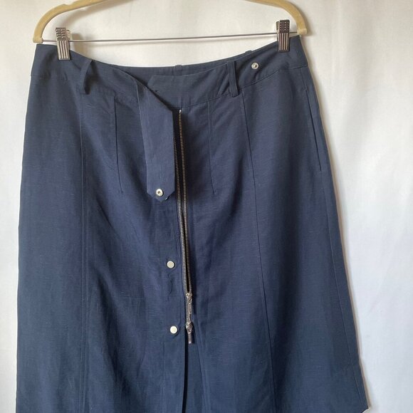 Tristan A-Line Midi Skirt 12 Blue Tencel Linen Button Full Zip Asymmetric Hem - Picture 5 of 9